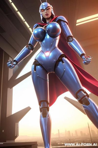 Robotic superheroine, shapely fully robotic body, huge robotic tits, flying - ai-porn.ai on pornintellect.com