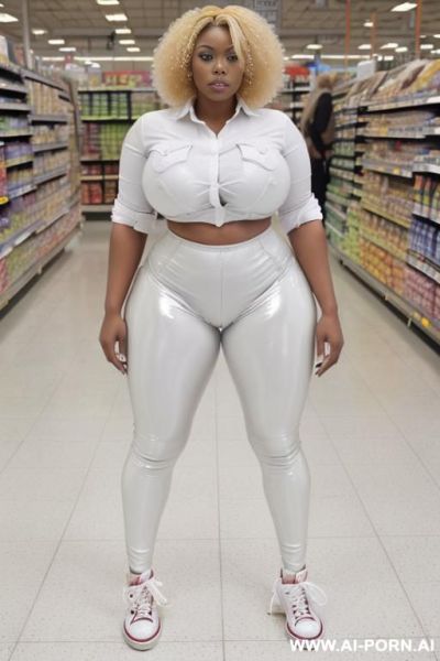 Curvy naked milf woman, (((latex leggings, white buttoned shirt, converse sneakers, slut))) ((fringed afro)), saggy tits, ((wide hips)), round ass, (((thick thighs))), (((((woman with 3-inch thighs))))) - ai-porn.ai on pornintellect.com