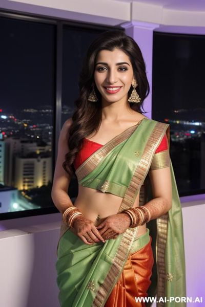 (urwa hocane), ((( punjabi ))), ((wedding sari)), (christmas), (modern monaco mansion), (big nose), ((smiling at the camera)), photorealistic, (ultra detailed photo), (hyper realistic photo), standing in - ai-porn.ai on pornintellect.com