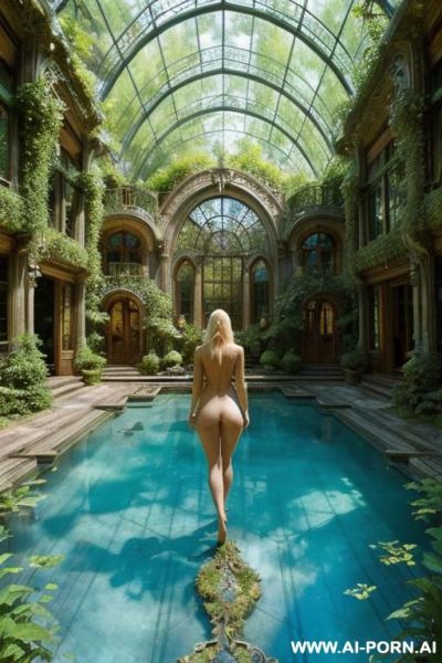 Nude naked sexy blonde in fantasy overgrown intricate steampunk glass mansion beautiful garden forest azure lake summer clear blue sky - ai-porn.ai on pornintellect.com