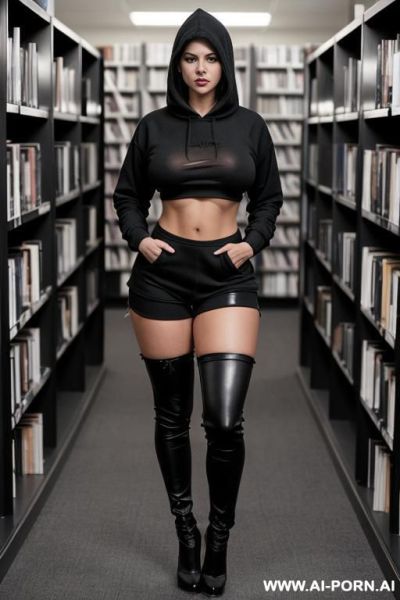 , black hair, gothic woman, big breasts, big ass, wearing black hoodie, wearing ripped black pants, showing nipples, showing pussy, oiled - ai-porn.ai on pornintellect.com