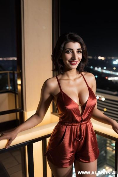(urwa hocane), ((( punjabi ))), ((romper)), (christmas), (modern monaco mansion), (big nose), ((smiling at the camera)), photorealistic, (ultra detailed photo), (hyper realistic photo), standing in a - ai-porn.ai on pornintellect.com