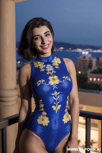 (urwa hocane), ((( punjabi ))), (( royal blue floral patterned crew neck sleeveless swimsuit bodysuit)), (christmas), (modern monaco mansion), (big nose), ((smiling at the camera)), photorealistic, - ai-porn.ai on pornintellect.com