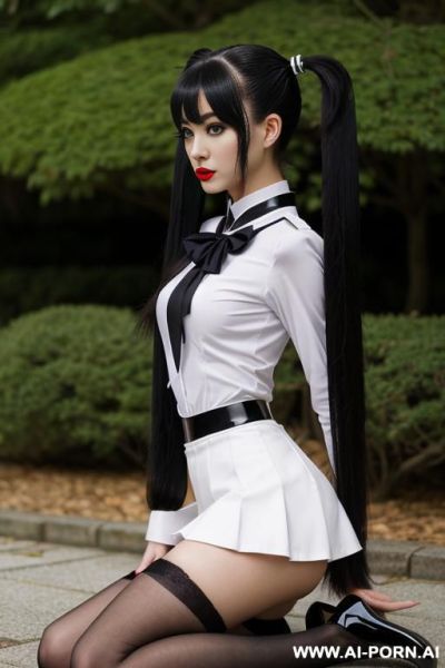 Reduced chest, narrow chin, narrow back, bitty breast, choker, tinny, plane, tight forehead, nose, narrow lips, roundedy head, slanted eye, slender, shorty ,confident woman ,(( ( long black japanese - ai-porn.ai - Japan on pornintellect.com