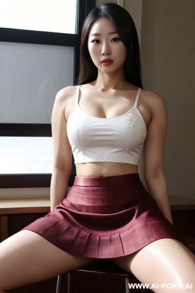 Asian woman , crop top, skirt, spreading legs. tease - ai-porn.ai on pornintellect.com