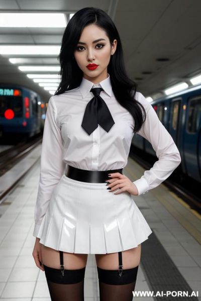 Reduced chest, narrow chin, narrow back, bitty breast, choker, tinny, plane, tight forehead, nose, narrow lips, roundedy head, wrinkled face, slanted eye, slender, shorty ,confident woman ,long - ai-porn.ai on pornintellect.com