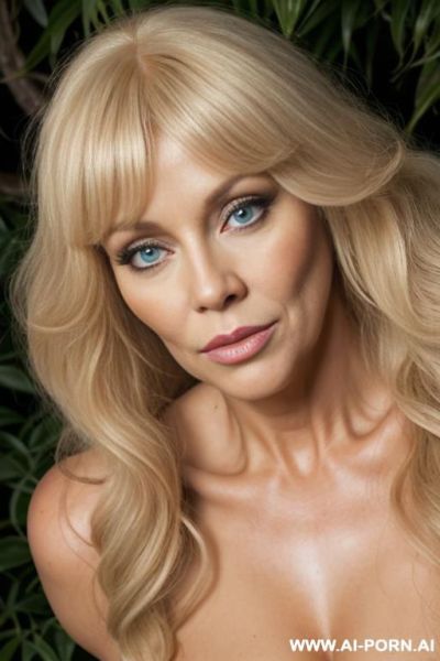 Female blonde thick fluffy hairs long wavy bangs eyes big eyes blue eyes big chin sexy face wide lips fitness body portrait picture nude naked muscular body thick body fitness face thick - ai-porn.ai on pornintellect.com