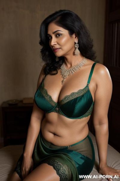 Indian fifty years old blackhaired chubby queen in a green sari gently kissing a full naked fifty years old blackhaired full naked female servant with shaved vagina under the stars - ai-porn.ai - India on pornintellect.com