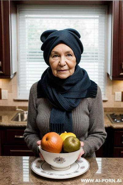 Grandma sit in kitchen have scarf on head - ai-porn.ai on pornintellect.com