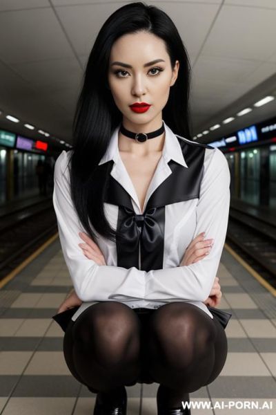 Reduced chest, narrow chin, narrow back, bitty breast, choker, tinny, plane, tight forehead, nose, narrow lips, roundedy head, wrinkled face, slanted eye, slender, shorty ,confident woman ,long dark - ai-porn.ai on pornintellect.com
