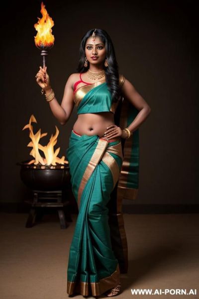 Dark black skin south indian women wear sari goddess of fire with trident - ai-porn.ai - India on pornintellect.com