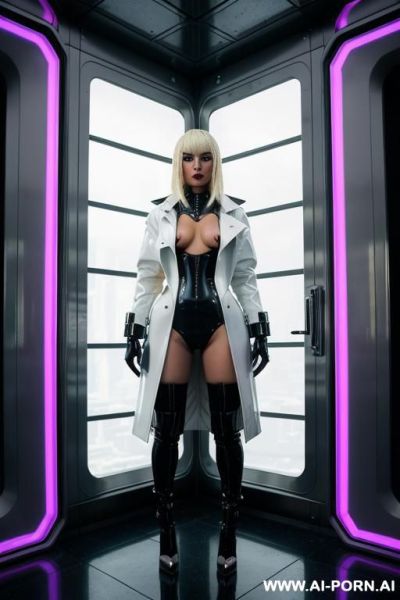 Blonde nude naked fashionable futuristic hairstyle white latex open scifi trenchcoat in luxury room scifi big windows futuristic room dark steampunk cyberpunk night color neon lights - ai-porn.ai on pornintellect.com