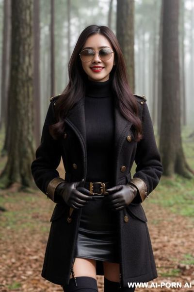 Gorgeous, realistic face, vietnam, wavy part, security cap, aviators, stand, coat, stockings, gloves, untrimmed pubes, wear purse bag, torso camera view, expose body, and vagina, pantyless, smile, forest. - ai-porn.ai - Vietnam on pornintellect.com