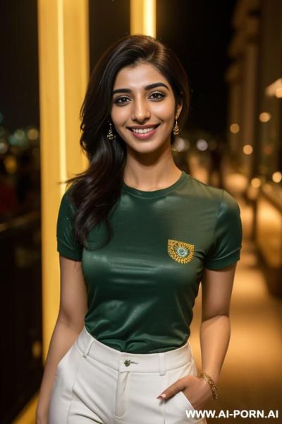 (urwa hocane), (((tanned punjabi ))), ((green short sleeve shirt, business pants )), (christmas), (big nose), ((smiling at the camera)), photorealistic, (ultra detailed photo), (hyper realistic photo), - ai-porn.ai on pornintellect.com