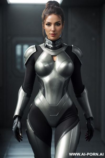 Sci-fi soldier (front view) strong body (hourglass figure) wide hips, muscular thighs, thighs gap (looking at the viewer) (detailed model face) beautiful sexy face, alluring smile, detailed skin, detailed hands (wearing sci-fi armor) - ai-porn.ai on pornintellect.com