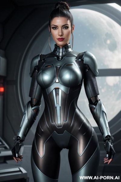 Sci-fi soldier (front view) strong body (hourglass figure) wide hips, muscular thighs, thighs gap (looking at the viewer) (detailed model face) beautiful sexy face, alluring smile, detailed skin, detailed hands (wearing sci-fi cybernetic armor) - ai-porn.ai on pornintellect.com