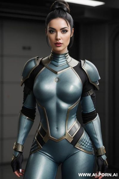 Sci-fi soldier (front view) strong body (hourglass figure) wide hips, muscular thighs, thighs gap (looking at the viewer) (detailed model face) beautiful sexy face, alluring smile, detailed skin, detailed hands (wearing sci-fi burdy scaly armor) - ai-porn.ai on pornintellect.com