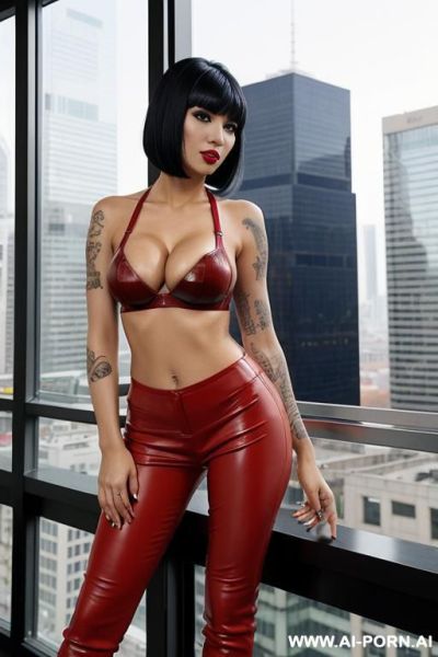 Female sexy hooker pornstar long legs in red leather sport tight bra cleavage busty in white leather tight pants in red sport boots stand on roof top in big city blue glass big buildings - ai-porn.ai on pornintellect.com
