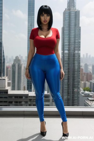 Female in red sport tight tshirt cleavage busty in blue sport pants in red shoes stand on roof top in big city blue glass big buildings many buildings many high buildings big glass windows buildings blue white city clear blue sky full body view - ai-porn.ai on pornintellect.com