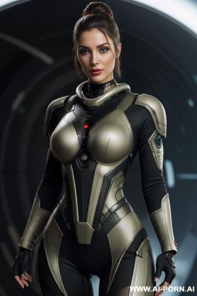 Sci-fi soldier (front view) strong body (hourglass figure) wide hips, muscular thighs, thighs gap (looking at the viewer) (detailed model face) beautiful sexy face, alluring smile, detailed skin, detailed hands (wearing sci-fi device) - ai-porn.ai on pornintellect.com