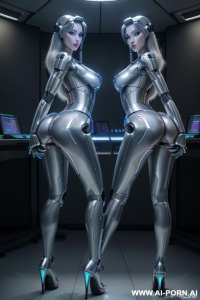 Robot, side view, full body view, standing, sticking out the ass, hands on spaceship control desk, looking at viewer, (beautiful seductive robotic face, glowing robotic eyes, big robotic lips, wide - ai-porn.ai on pornintellect.com