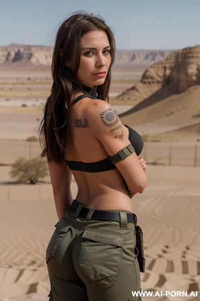 (natural plump breasts), (wide hips), (detailed face), (soft slutty smile), (stylish tribal tattoos), (tattoos), perfect tight ass, from behind view - ai-porn.ai on pornintellect.com