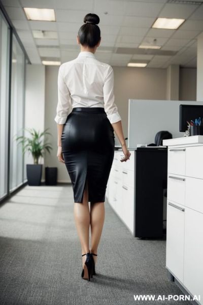Sexy office secretary.wears long pencil skirt.high heels.nice ass. walking.from behind angle. - ai-porn.ai on pornintellect.com
