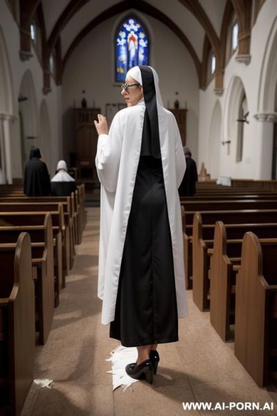 Nun wearing shiny latex, glasses, extremely angry, mouth and eyes wide open, looking back at viewer, full body view - ai-porn.ai on pornintellect.com