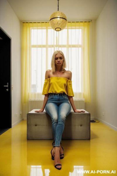 Empty yellow concrete rooms bright lights ceiling lamps big rooms - ai-porn.ai on pornintellect.com