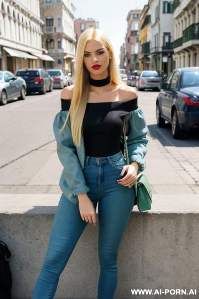 Sexy pornstar tall long legs blonde long fluffy dense straight hairs big blue eyes goth style makeup big lips red lipstick dark eyeline slutty posein tight clothes pink jacket in tight jeans - ai-porn.ai on pornintellect.com