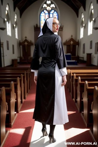 Nun wearing shiny latex, glasses, extremely angry, mouth and eyes wide open, looking back at viewer, full body view - ai-porn.ai on pornintellect.com
