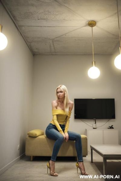 Empty yellow concrete rooms bright lights ceiling lamps big rooms - ai-porn.ai on pornintellect.com