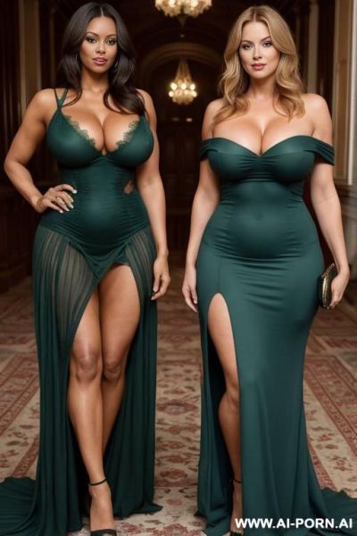 2 ladies standing next to each other. the first lady is beautiful sexy fit 4 year old woman with gigantic huge boobs and gigantic huge ass.poor looking . wearing clothes , wearing old green - ai-porn.ai on pornintellect.com