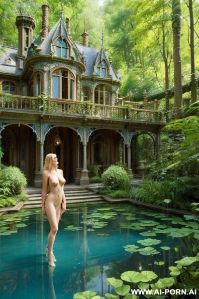 Nude naked sexy blonde in fantasy overgrown intricate steampunk glass mansion beautiful garden forest azure lake summer clear blue sky - ai-porn.ai on pornintellect.com