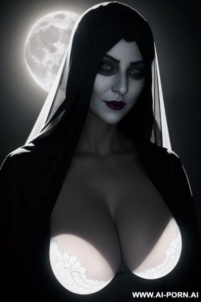 (front view), (looking at the viewer), shade, ghostly skined body, ghostly shaded face, cruel face expression, gloving eyes, terrifying eyes, evil grin, wide breasts, high breasts, garbed entirely in - ai-porn.ai on pornintellect.com