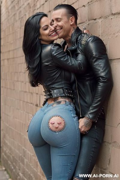 ((((latina rock milf hugging and kissing a muscular punk man on the lips)))) with ((((((gigantic tits)))))) and ((long hair)), (((makeup))) , (((woman wearing a tight spiked black leather jacket))) - ai-porn.ai on pornintellect.com