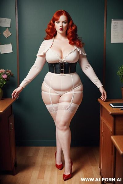 Full body photo shot, about at classroom, chubby very ((very obese)) redhead fat bbw curvy teacher, wearing a sexy and hot micro ruffle leather skirt, and elegant top, teaching to the classroom. ((dynamic angle)), perfect face - ai-porn.ai on pornintellect.com