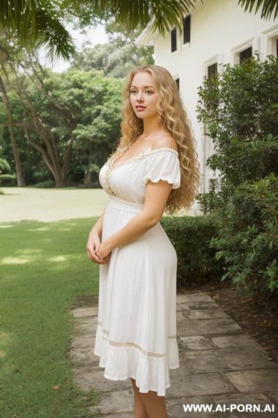 Beautiful woman, woman years old, soft fair skin, long curly blonde hair to her hips, golden eyes, curvy body, wearing a white sundress with short sleeves, in a colonial style mansion, happy - ai-porn.ai on pornintellect.com