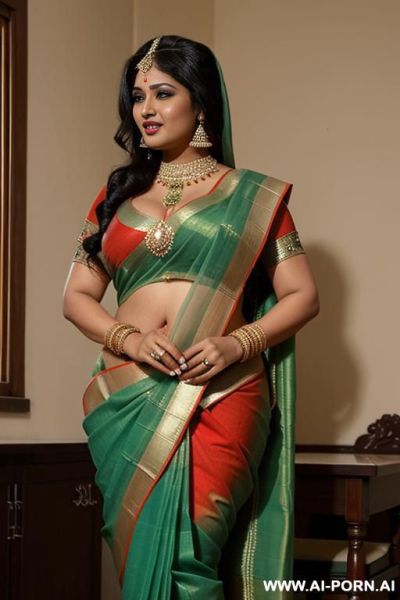 One ancient indian chubby queen in a elegante green saree is kissing her favourite chubby full naked female servant with shaved vagina - ai-porn.ai - India on pornintellect.com
