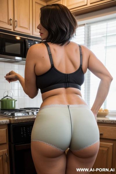 Suburban mom, bra, tight shorts, kitchen, bending down over the stovetop, view from behind, she looks back at the camera - ai-porn.ai on pornintellect.com