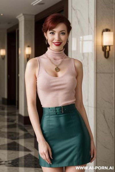 Smiling woman. (pink lipstick) (large eyes) (looking straight at the viewer). her look directed straight in the eyes. cheerful appearance. (hands and legs fully visible) (erect nipples) (aroused - ai-porn.ai on pornintellect.com