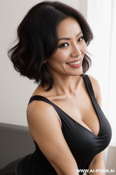 (close up) (smiling) (bending down) (alluring milf) (colorful black v-neck t-shirt) (enormous tits) (perfect pokies) (push-up cleavage) - ai-porn.ai on pornintellect.com