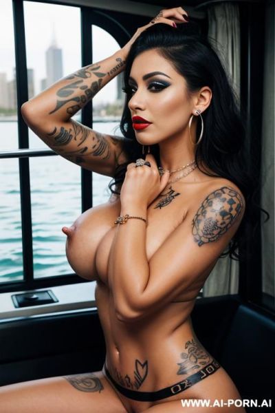 Dark red lips, wide puckered lips, pearl necklace, heavy hoop earrings, ((huge boobs)), teardrop boobs, (((slutty,))), colorful eye makeup, many bangles, mouth open, happy seductive - ai-porn.ai on pornintellect.com