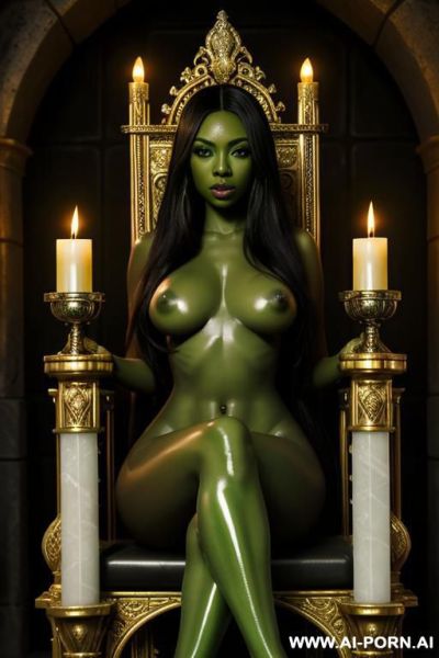 Sexy female ebony skin beautiful pornstar nude soft shiny long thick hairs big green eyes big lips sit on elaborate fantasy marble throne in dungeon temple ambient candle lights - ai-porn.ai on pornintellect.com