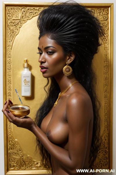 A naked black woman wearing indian gold, her hair is pine and milk flowing from it, and she wears gouache in her hands. - ai-porn.ai - India on pornintellect.com