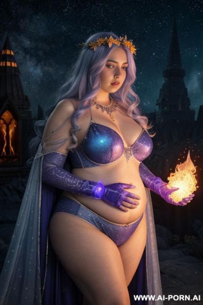 (front view), (looking at the viewer), (detailed face), (detailed body), (detailed skin), (detailed hands), star princes, chubby figure, natural breasts, curly long white hair with indigo glitters, - ai-porn.ai on pornintellect.com