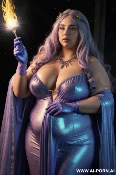 (front view), (looking at the viewer), (detailed face), (detailed body), (detailed skin), (detailed hands), star princes, obese figure, natural breasts, curly long white hair with indigo glitters, - ai-porn.ai on pornintellect.com