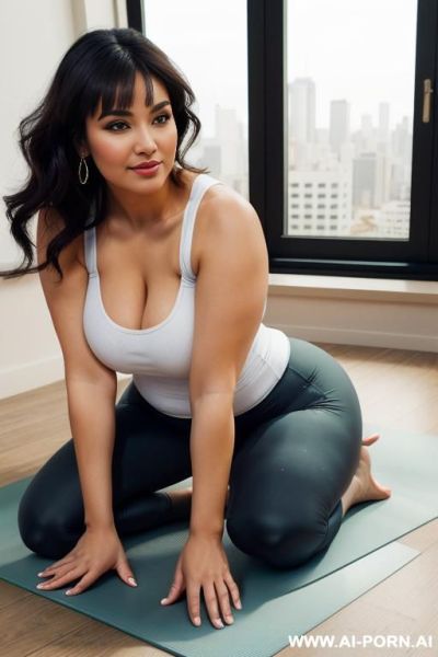 Latina, pear shaped, super thicc, supermodel, very wide huge hips, tight hip hugging high rise jeans, chicana, sunset, 23, white tshirt, round belly - ai-porn.ai on pornintellect.com
