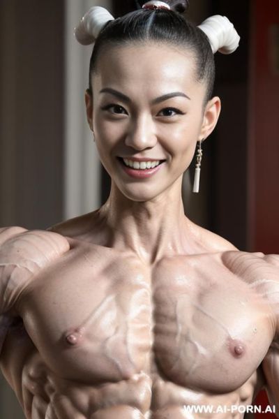 ((nude smiling very muscular short fbb chinese woman with rockhard pecs)), (((nude))), ((naked)), (((very white chinese skin with muscle veins))), ((freaky extreme sculpted abs)), ((nude very muscular - ai-porn.ai - China on pornintellect.com