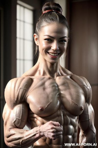 ((nude smiling very muscular short fbb chinese woman with rockhard pecs)), (((nude))), ((naked)), (((very white chinese skin with muscle veins))), ((freaky extreme sculpted abs)), ((nude very muscular - ai-porn.ai - China on pornintellect.com